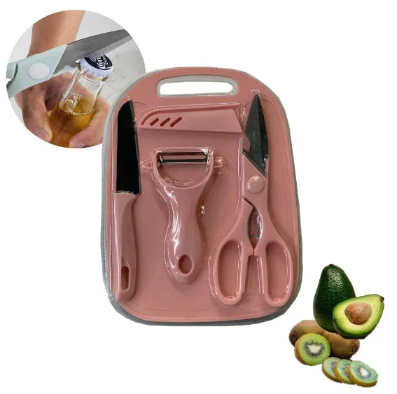 KIT 4 peças: Facas, Tesouras, Descascador, Tábua de Cozinha