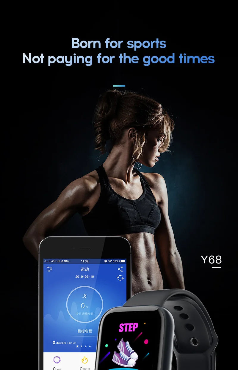 Y68 Relógio Inteligente Bluetooth, Rastreador de Fitness, Relógio Esportivo, Monitor de Freqüência Cardíaca, Pressão Arterial, Pulseira Inteligente para Android, iOS, Novo, 2022