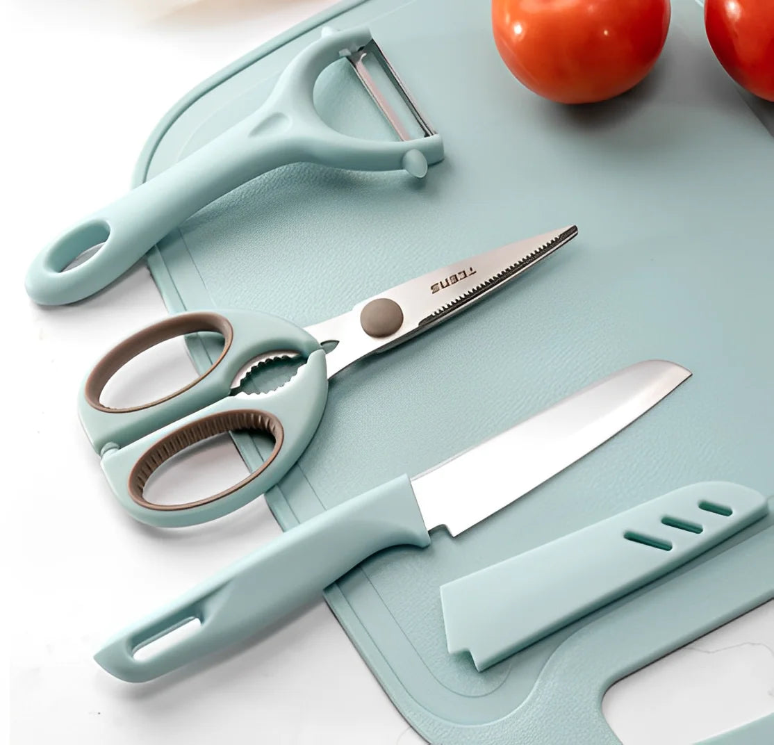 KIT 4 peças: Facas, Tesouras, Descascador, Tábua de Cozinha