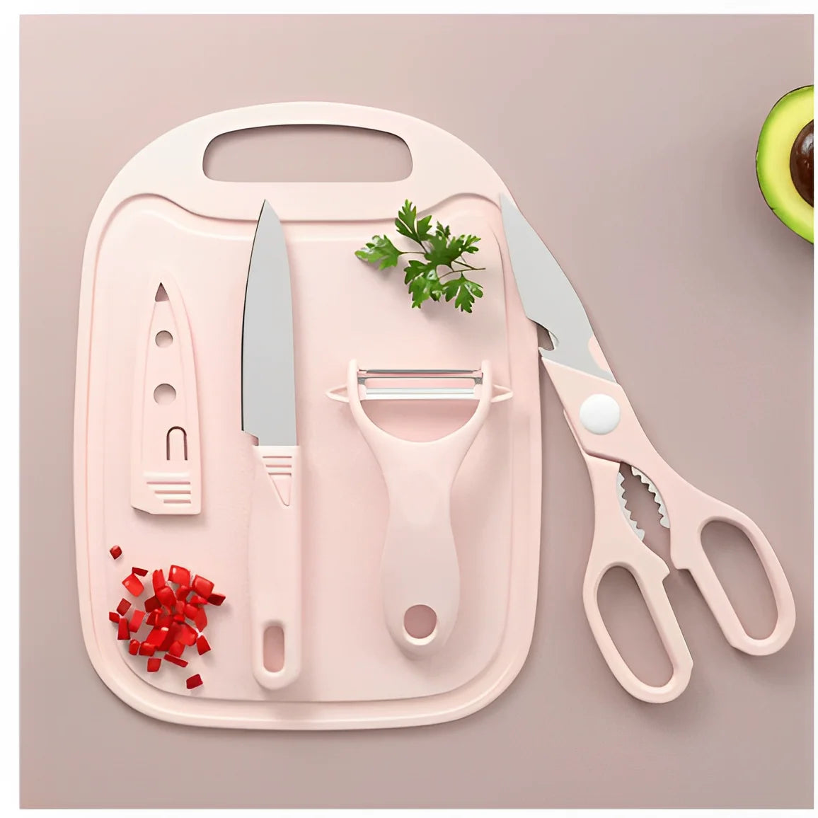 KIT 4 peças: Facas, Tesouras, Descascador, Tábua de Cozinha
