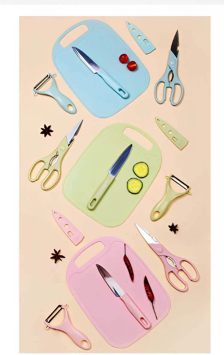 KIT 4 peças: Facas, Tesouras, Descascador, Tábua de Cozinha