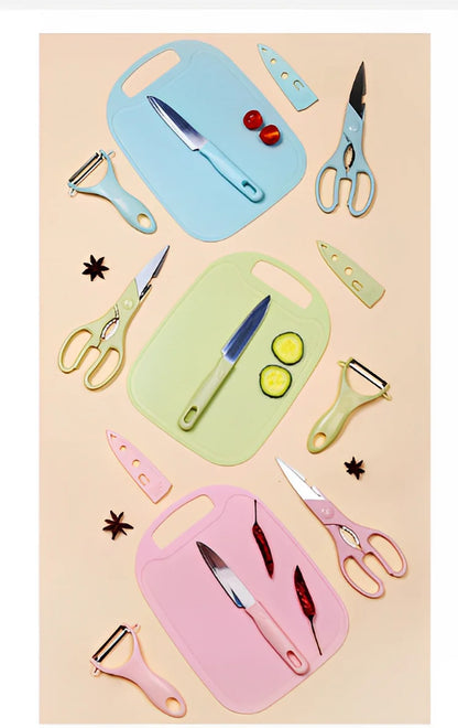 KIT 4 peças: Facas, Tesouras, Descascador, Tábua de Cozinha