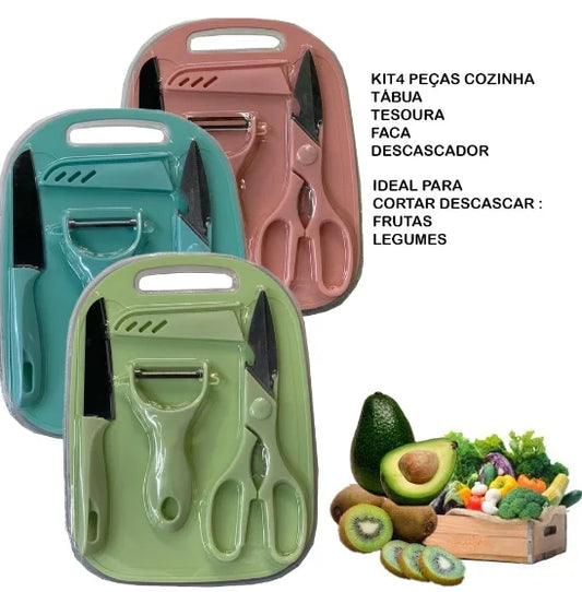 KIT 4 peças: Facas, Tesouras, Descascador, Tábua de Cozinha