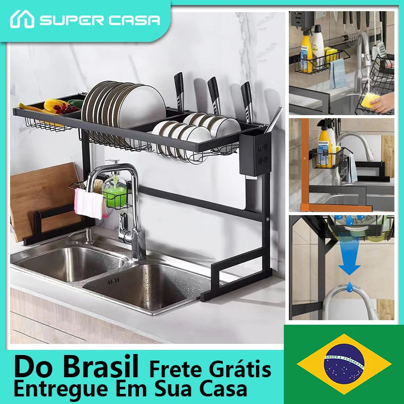 Premium Stainless Steel Kitchen Sink Rack with Cups and Cutter, Multi-functional Drain Organizer Shelf