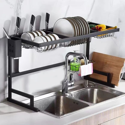 Premium Stainless Steel Kitchen Sink Rack with Cups and Cutter, Multi-functional Drain Organizer Shelf