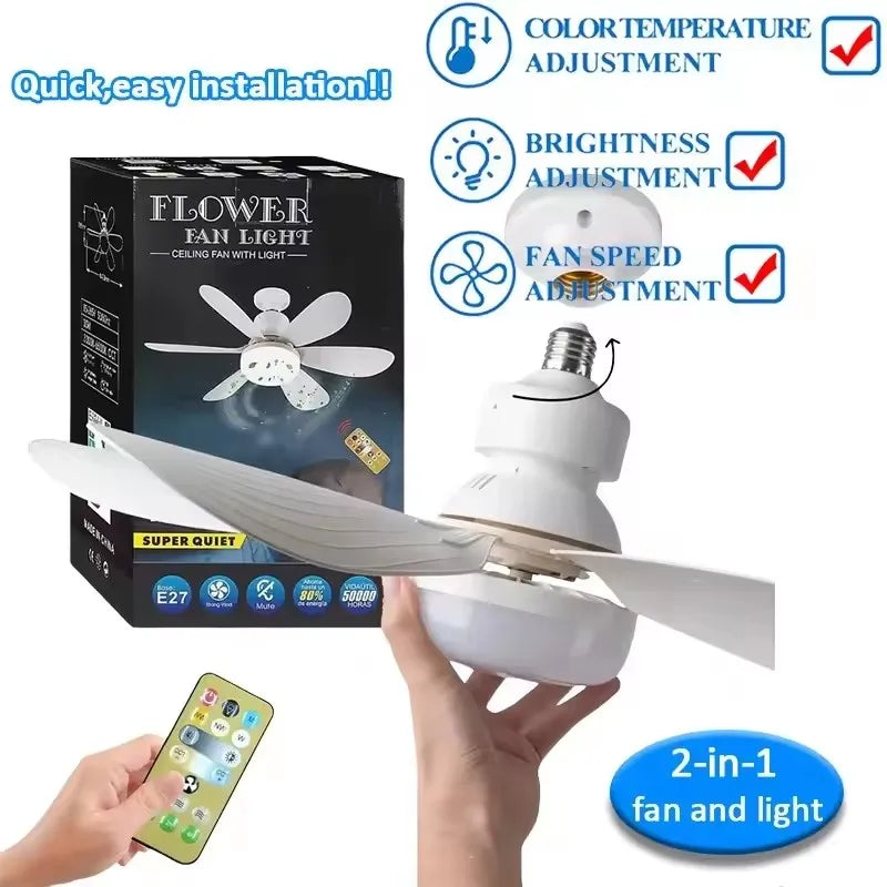 Ceiling Fan Light LED 60W Simple Lights with E27 Remote Control for Home Living Room Study Household Decorative Fan Lighting